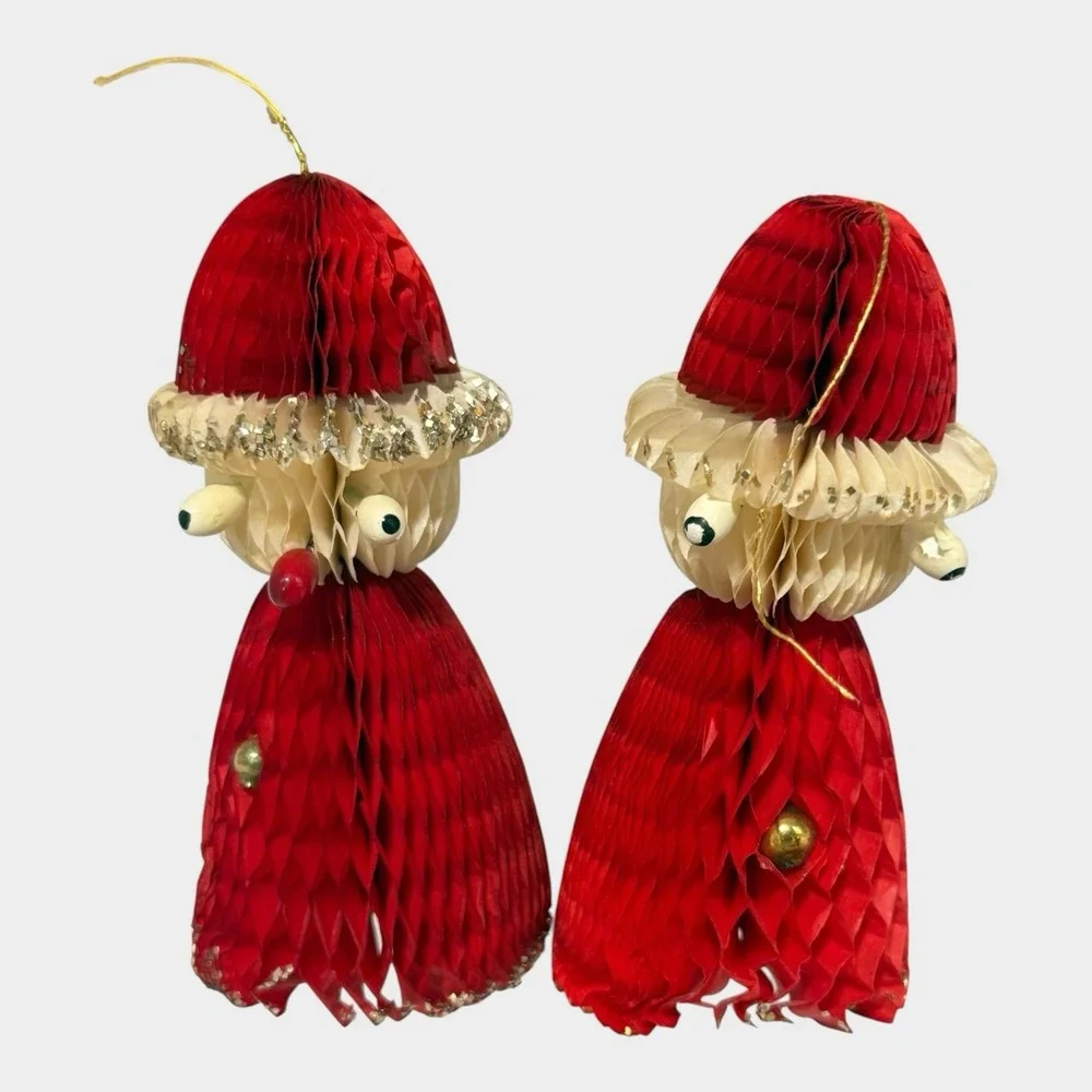 Honeycomb Paper Santa Ornaments Set of 6 Original Box c1950s Christmas Vintage